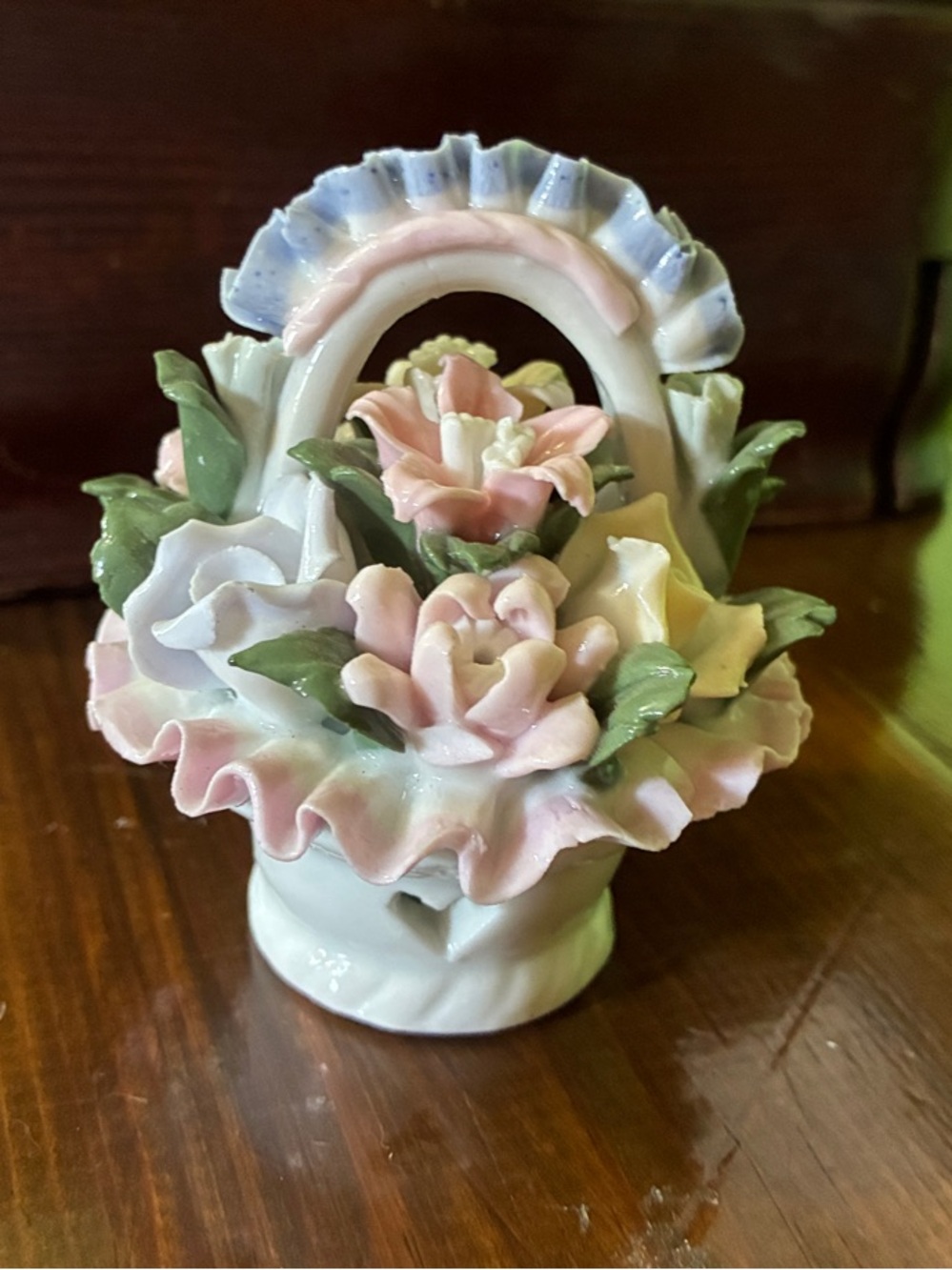 Porcelain Floral Basket Figurine in Pastel Pink, White & Green